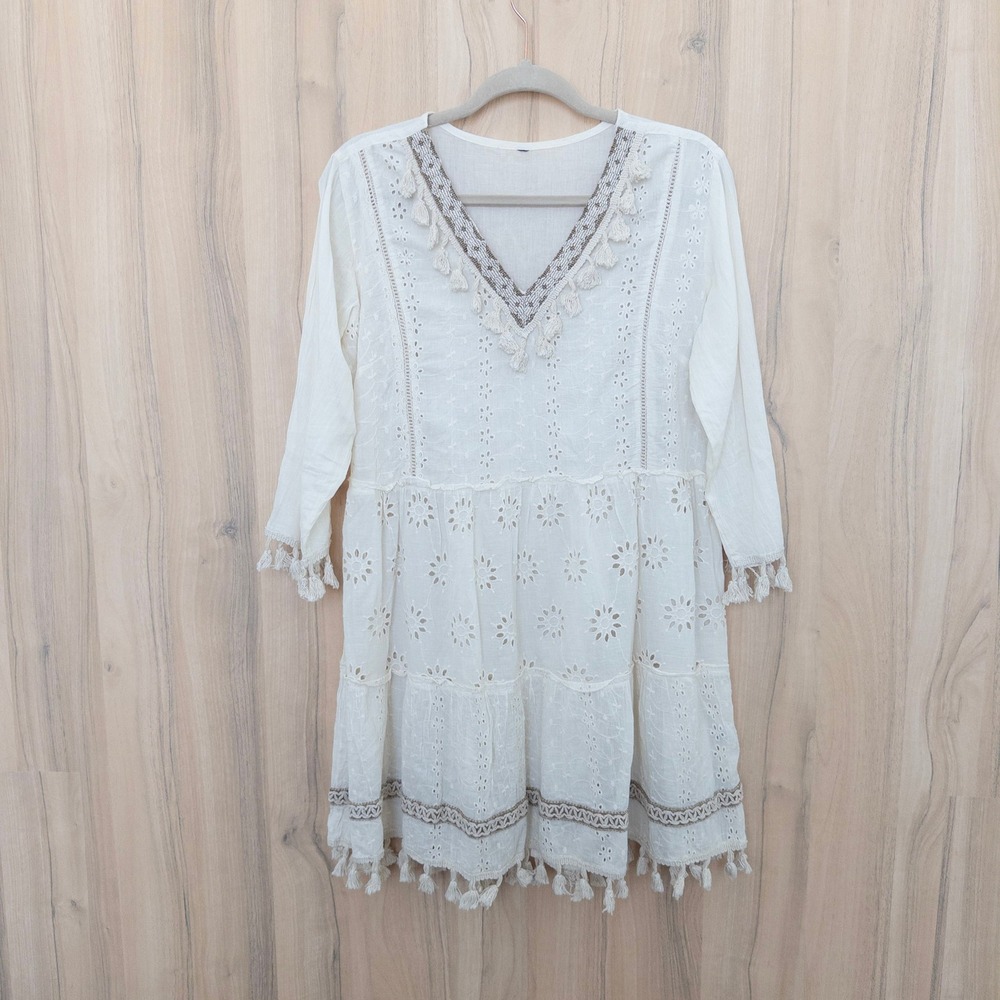 Peasant Eyelet Embroidered Mini‎ Dress L Cream Tassel Boho Tiered Cotton Cottage